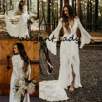 Gentle Lace boho Wedding Dresses 2020 With Deep V-neck Flare Sleeve Split Long Train Countryside Wedding Gowns Robe De Mariee