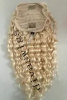Europese Remy White Blonde 613 Ponytail Virgin Menselijk Haarverlenging Volledige Cuticula Lijnopgestelde Blonde Diepe Krullende Haar Trekkoord Paardenstaart