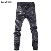 Новый панк стиль мода полная искусственная кожа лоскутная тощая джинсы мужчин стройная подходящая вечеринка носить черные брюки мужские кожаные брюки PK6-3