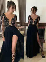 2020 sexy High Side Split black prom Dresses A Line sheer lace Pageant Formal evening Gowns african Special Occasion Dresses custom made