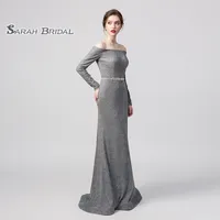 100% Real Pictures Grey Sexy Elegant Mermaid Prom Dress Off Shoulder Modest Special Occasion Dresses Long Evening Dresses Maxi Gown 5258