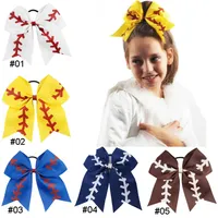 7" grande équipe Softball Baseball Cheer Bows main ruban jaune et rouge Glitter Stiches avec queue de cheval Porte-cheveux pour Cheerleading