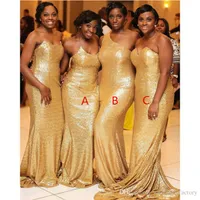 Sexiga Guld Sequined Mermaid Bridesmaids Dresses Sweetheart One Shoulder Blingbling Sequins Nergeria Long Maid of Honor Gowns Plus Storlek