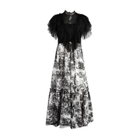 Moda-Milan Pist Elbise 2019 Vintage Siyah Dantel Ruffles Mürekkep Hayvan Baskı Uzun Kadın Elbise Tasarımcısı Vestidos de Festa YY-49