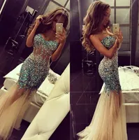 Sparkly Crystal Mermaid Pagant Prom Klänningar Se igenom Designer Sweetheart Crystal Beaded Sequins Tulle Evening Formell Gown Dress