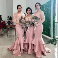 2019 billig blush rosa sjöjungfru brudtärna klänningar av axel spets applique formella klänningar brautjungfer kleider bröllop gästklänning