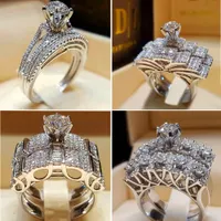 Boho feminino cristal branco anel redondo conjunto marca luxo promessa 925 anel de noivado de prata vintage anéis de casamento nupcial para mulheres