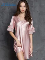 Siddons Summer Nightgown Dessous für Frauen Sexy Satin Damen Nachtwäsche Seide Halbhülse Stickerei Nachthemd Nudelnacht Nighties