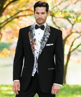 Nowe przystojne dwa przyciski Black Groom Tuxedos Groomsmen Notch Lapel Best Man Suit Stage Wedding Men's Blazer Garnitury (kurtka + spodnie + kamizelka + krawat) 1200