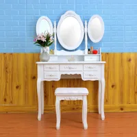 7 Çekmeceler Tuvalet Masası Lüks Prenses Kadın Makyaj Masa Beyaz Soyunma Tablo ile Katlanabilir 3 Aynalar