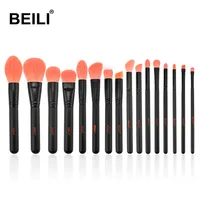 16pcs BEILI 2019 Coral Red Makeup Brush Set Powder Foundation Sombra de ojos Soft Nano Fiber Hair Mattle Black Handle Cosmetic Brush Set