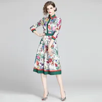2021ファッション滑走路ボタンシャツのドレス春夏の女性の長袖カジュアル花のストライププリントプリーツのMidiエレガントなドレスプロムホリデーオフィスレディース服