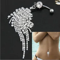 2019 Hot Sexy Dangle Belly Bars Rock Belly Button Silver Rings CZ Crystal Flower Buckle Body Drop Party Jewelry Navel Piercing High Quality