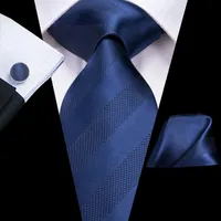 TIES DE ENVÍO FAST MENS 100% Diseñadores de seda Moda Marina azul marino Azul a rayas Azaje Hanky ​​Gemelos Conjuntos para hombres Formal Fiesta de boda Groom N-3138
