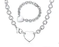2020 Corrente de link espessura de prata com prata coração placas pulseira e pingente colares encantador 2 pcs terno de alta qualidade com caixa e pó