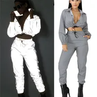 Reflective Women Crop Tops Pants Sets Two Piece Jumpsuit Playsuit Casual Reflective Outfits