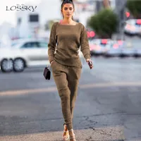 Lossky İki Parçalı Setleri Rahat Katı Örme Giyim Üst + Dantel-Up Pantolon Kadınlar Moda Sonbahar Kış Uzun Kollu Kıyafetler Salon Giyim