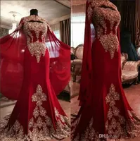 2019 Ny Luxury Lace Red Arabic Dubai Kaftan Evening Dresses Sweetheart Beaded Applique Mermaid Prom Klänningar med Cloak Free Party Gowns