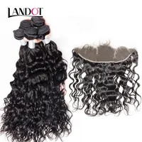 Brazilian Peruvian Malaysian Indian Water Wave Virgin Human Hair Weave 3 Bundles with Lace Frontal Closures Wet and Wavy Hair Natural Color