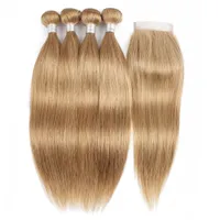 Бразильские прямые уклоны волос с комплектурой медового блондинка цвета # 27 4 пучка с 4x4 кружева закрытие Remy Extensions