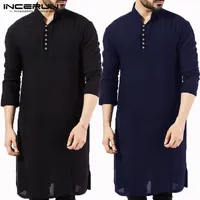 InfaRun casual männer hemd baumwolle langarm stehkragen vintage fest genäht lange tops indian kurta anzug pakistani shirt 5xl v191026