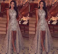Sparkly Sequins Sheath Short Prom Dresses 2019 Jewel Neck Sleeveless Formal Party Evening Gowns With Detachable Overskirts PD88