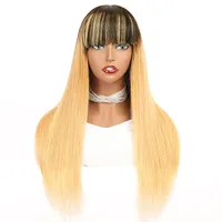 Honig Blonde Ombre Human Hair Perücke Mit Pony Gerade Brasilianische Remy Glueless Wigs Für Schwarze Frauen farbig 1b / 27 Maschine Made Nicht Spitze Perücke