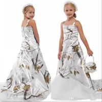 Beyaz Camo Çiçek Kız Elbise Düğün Için Custom Made Yürüyor Çocuk Örgün Kamuflaj Saten Çocuk Doğum Günü Partisi Abiye