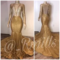 2020 Myriam Fares High Neck Sexy Gold Prom Dresses Deep V Neck Cekinowy Długim Rękawem Suknie Wieczorowe