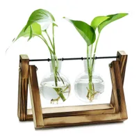 EssenceLiving Vase en verre à deux ampoules avec support en bois, Support pour plante, Planteur hydroponique rétro, Jardinière en bois, Vase en verre avec support