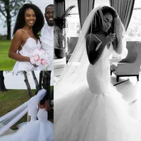2019 Boho Mermaid Bröllopsklänningar Spaghetti Straps Lace Applique Tulle Backless Bridal Gowns African Beach Wedding Dress Cheap