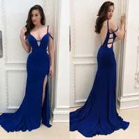 Chegada Nova sereia Open Back Vestido Sexy Royal Blue Prom Dresses Spaghetti Strap Red Carpet Celebrity Dresses