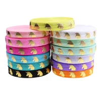 100yards/lot 5/8&quot; Gold Foil Unicorn Head FOE Fold Over Elastic Shiny for Headbands Hair Ties accessories 13 colors
