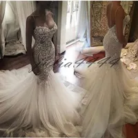 2019 sjöjungfru bröllopsklänningar senaste lyxiga spaghetti ärmlös applique afrikanska brudbröllopsklänningar Vestido de Novia