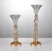 Nieuwe Gouden Kleur Crystal Beaded Flower Stand Candlestick Candelabra Kandelaar Huwelijk Tafel Centerpieces Crystal Decor Vase SN2666