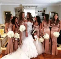 Sparkly Rose Gold Bridesmaid Dresses 2019 Spaghetti Straps Long Sequined Maid of Honor Party Gowns Side Split Wedding Guest Dress