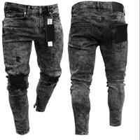 Hombre angustiado Straight Ripped Biker Hombres Hip Hop Slim Fit Holes Punk Denim Pantalones de algodón Zipper Jeans T200608