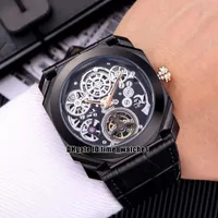 New OCTO Tourbillon 102719 BGO40PLTBXTSK Automatic Mens watches Silver case black leather strap 42mm Hollow dial Gents popular spo256W