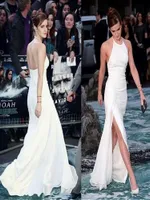 2021 Neue Elegante Emma Watson Celebrity Kleider Halter Hals Backless White Chiffon Side-Split Bodenlangen Abend Prom Robe Soirée de Mariage