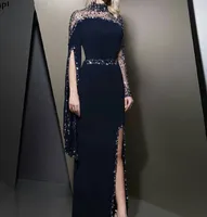 Nouvelle arrivée haute cou perles en cristal noire robe de soirée 2020 Kaftan Dubai robe à manches longues de Split Party robe Robes de soirée de soirée