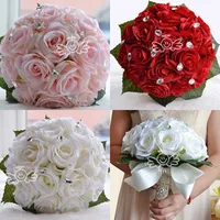 Gratis schip WF038 wit roze rode elegante bruids bruiloft boeket parels zijde bloem roos kristallen goedkope bruiloft decoratie bruidsmeisje boeket