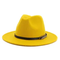 Uomo Donna Tesa piatta Panama Style Feltro di lana Cappello Fedora Jazz Cappello Gentleman Europa Cappello formale Cappello floppy Trilby giallo
