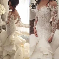 2019 Plus Size Organza Mermaid Wedding Dresses New Arrival Lace Long Sleeve Muslim Vestido De Noiva Romantic Appliques Ruffles Wedding Gowns