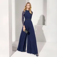 Dark Navy Lace Jumpsuit Long Sleeves Evening Dresses Jewel Neck Beaded Prom Gowns Floor Length Chiffon Formal Dress