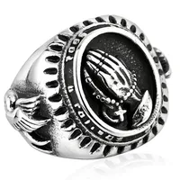 Mężczyźni Moda Vintage 316L Ze Stali Nierdzewnej Błogosławionej Dziewicy Maryjki Modlaj ręka Ring Religijny Pierścień Lucky Power Modląc się Ręki Rings Silver + Black USA