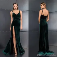 Modern Velvet Green Prom Klänningar 2020 Sexig Split Slit Long Backless Evening Gowns Custom Made Bridesmaid Dress BC3608