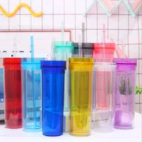 16oz akrylskinn tumbler med halm 480 ml dubbelväggig plastkaffe muggar klara färgglada vattenflaskor rakt kopp