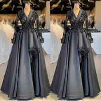 2020 Sexig mörkgrå Lace Applique A-Line Masquerade Quinceanera Klänningar Vintage Långärmad Kvällar Arabisk Plus Size Pagant Dress