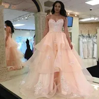 Comprimento 2020 Evening Partido Ruffles Saia Blush Prom Dresses Querida apliques de renda de organza em camadas A Linha Andar vestidos de vestes de sarau