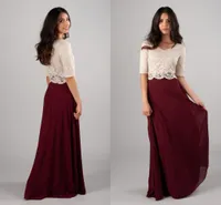 Crop Top Two Pieces Long Bridesmaid Dresses 2019 Burgundy Lace Top Country Bohemian LDS Maid of Honor Wedding Guest Party Gowns